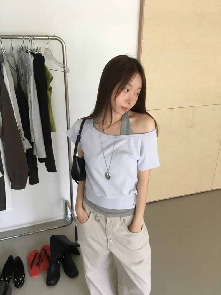 S/S 美肩撞色掛脖兩件式上衣