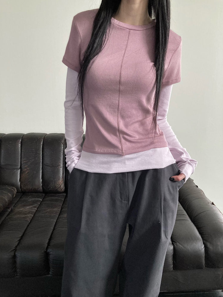 撞色層次感假兩件上衣