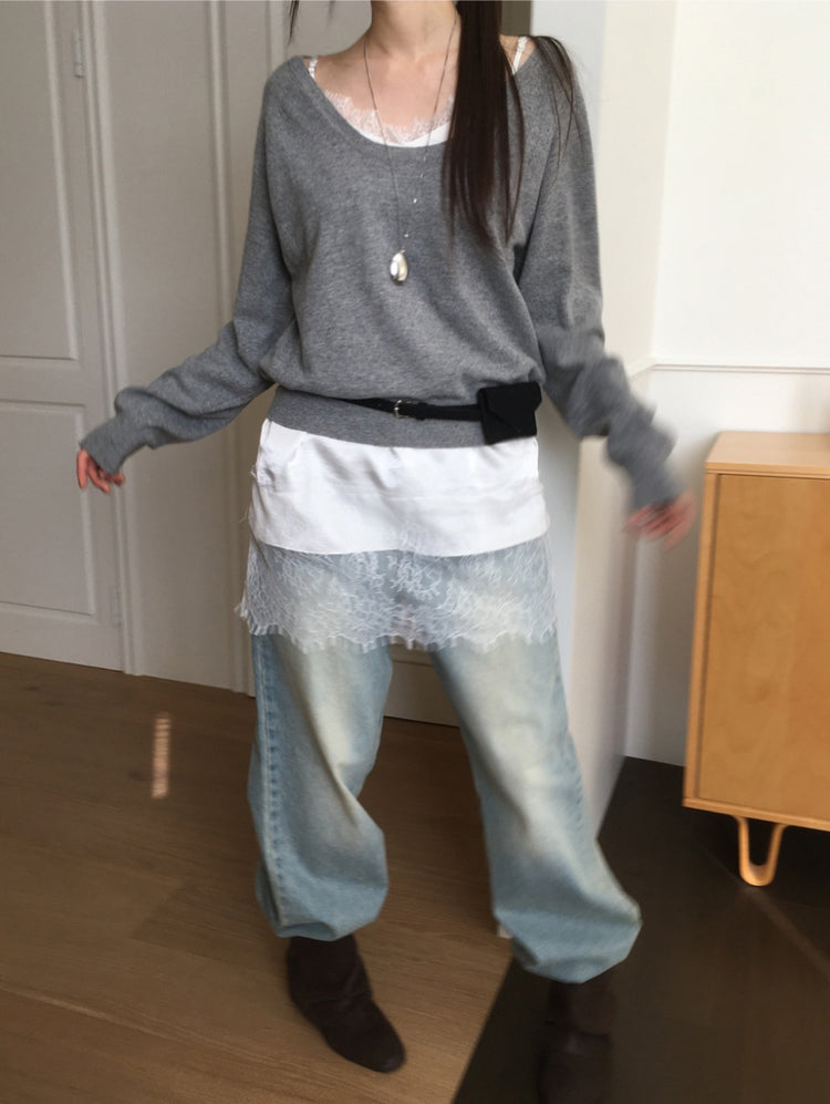 (現)美色蕾絲邊光澤感連身裙