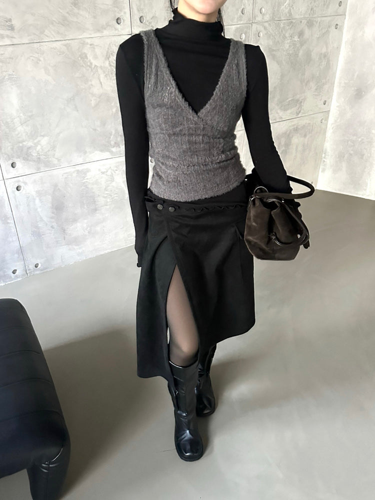 交疊側開叉不對稱細節裙