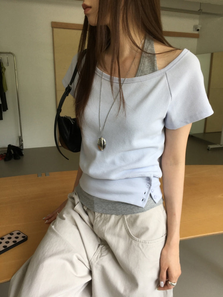 S/S 美肩撞色掛脖兩件式上衣
