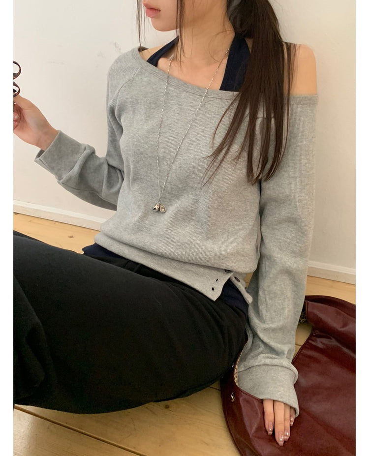 美肩撞色掛脖兩件式上衣