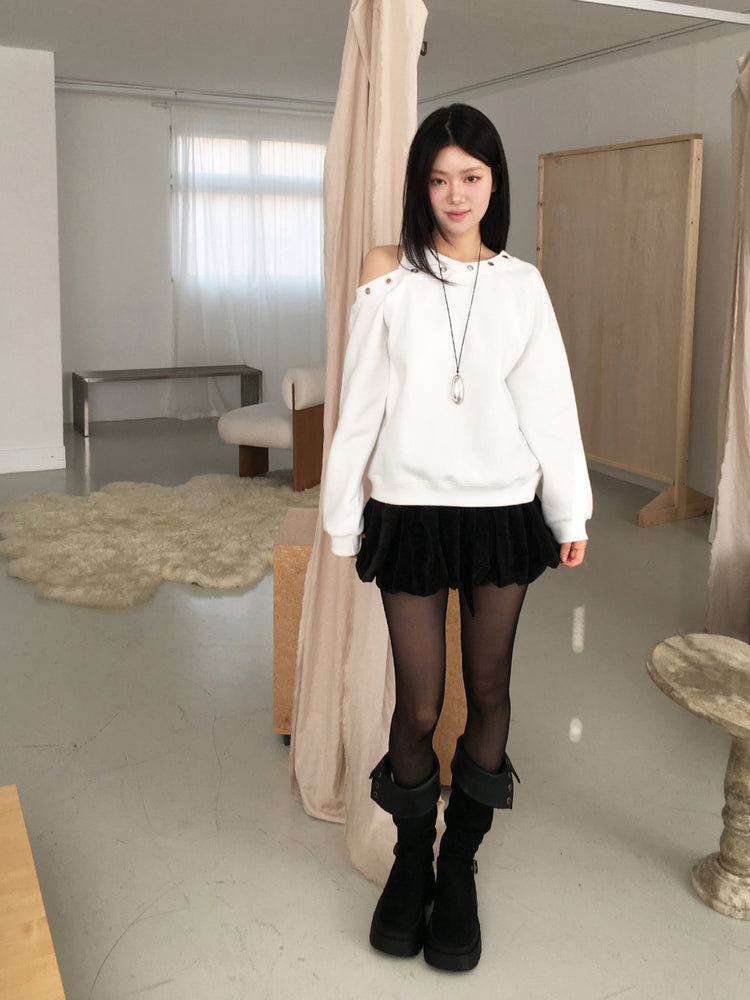 鉚釘圈細節假兩件美肩上衣