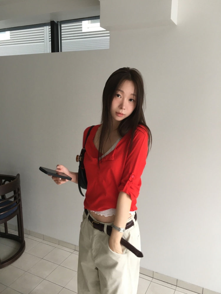 美色亨利領反折袖細節上衣