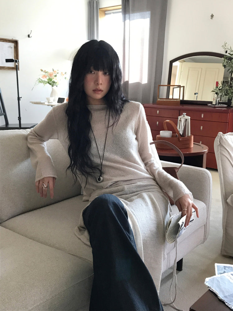 微透膚羊駝毛船領針織上衣