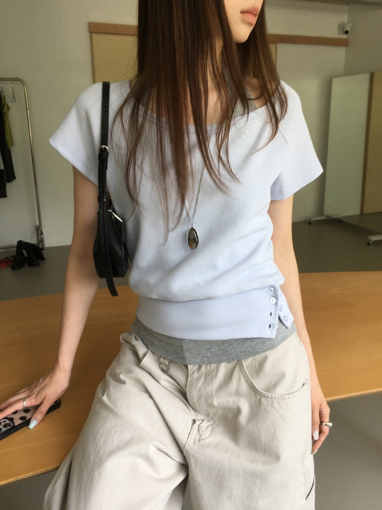 S/S 美肩撞色掛脖兩件式上衣