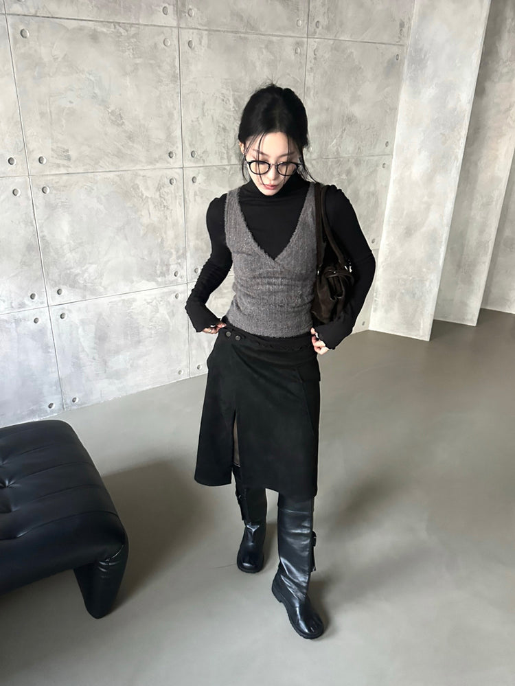 交疊側開叉不對稱細節裙