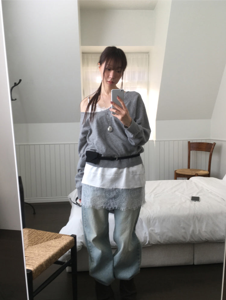 (現)美色蕾絲邊光澤感連身裙