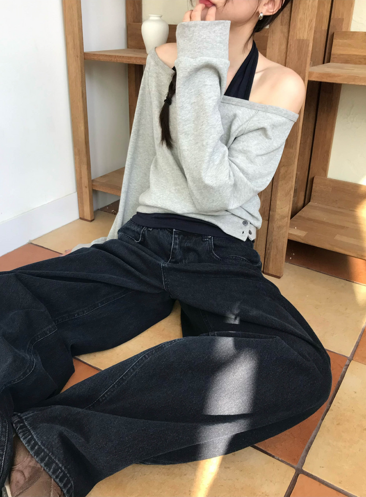 美肩撞色掛脖兩件式上衣