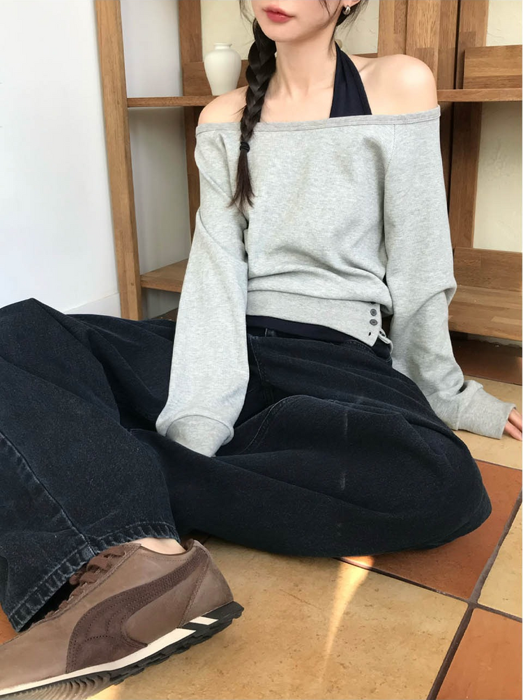 美肩撞色掛脖兩件式上衣