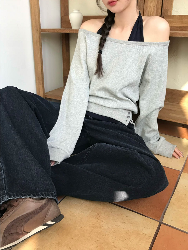 美肩撞色掛脖兩件式上衣