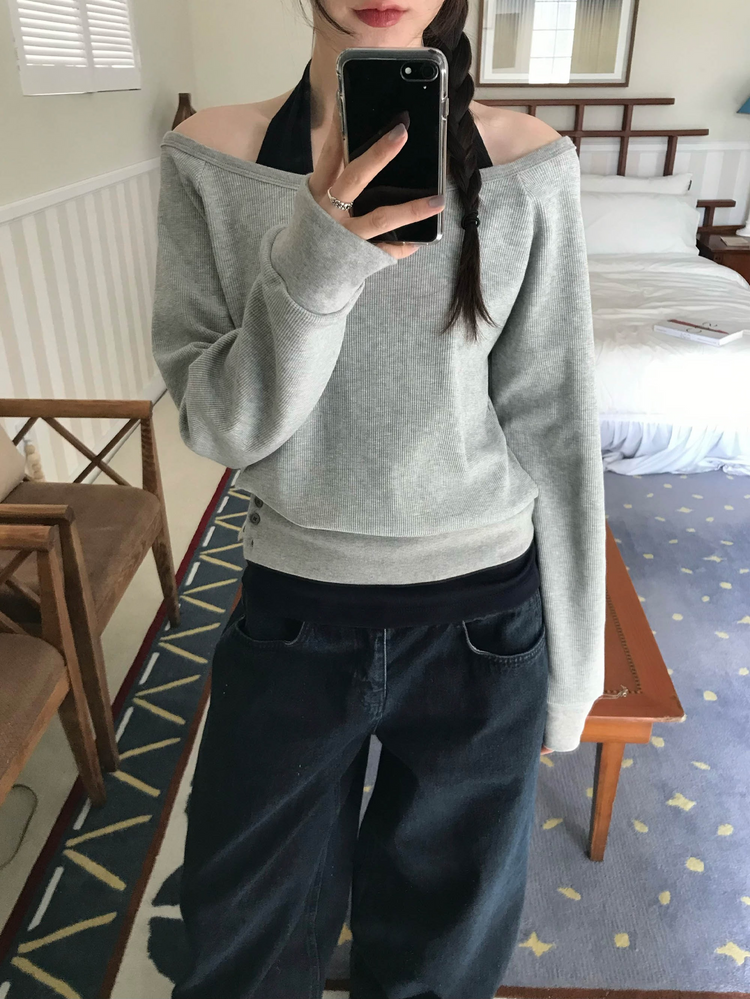 美肩撞色掛脖兩件式上衣