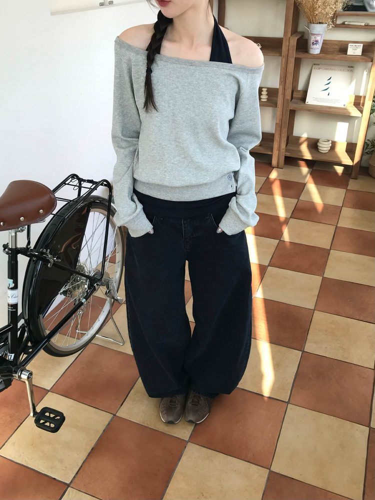 美肩撞色掛脖兩件式上衣