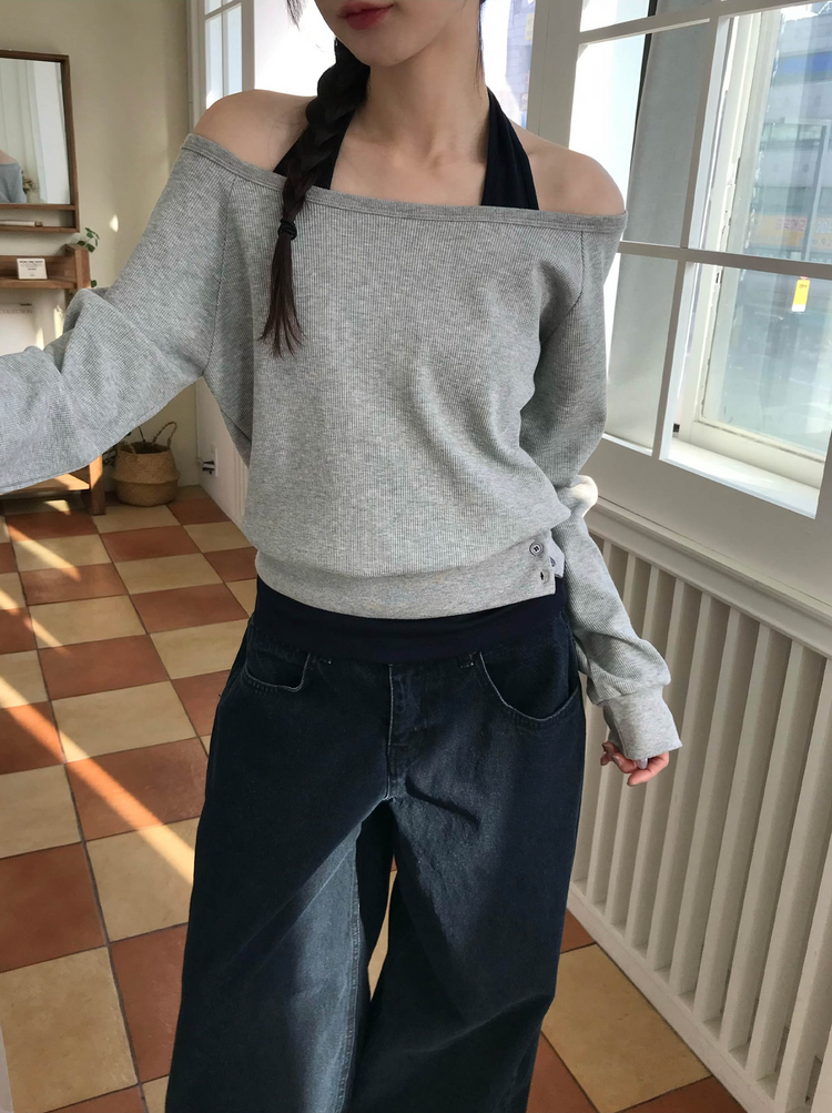 美肩撞色掛脖兩件式上衣