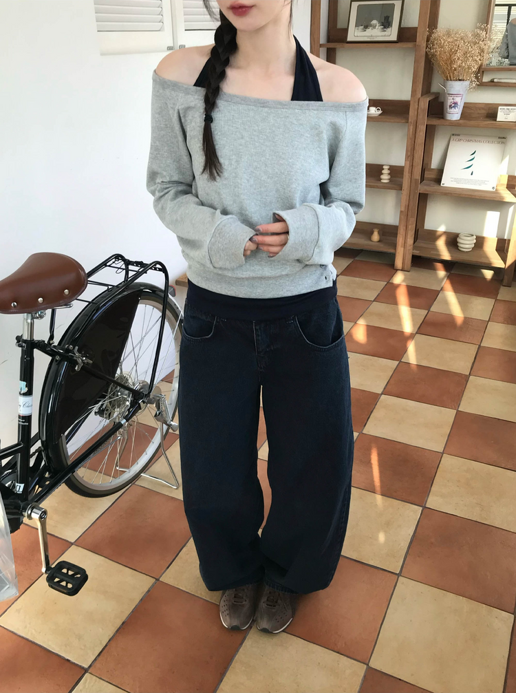 美肩撞色掛脖兩件式上衣