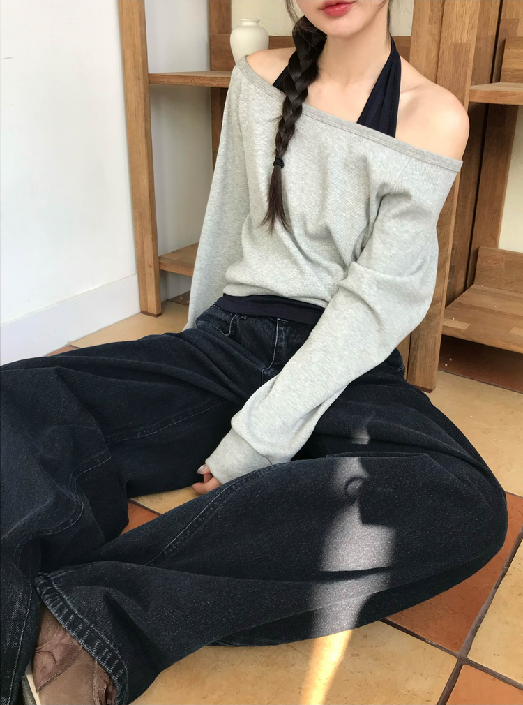 美肩撞色掛脖兩件式上衣