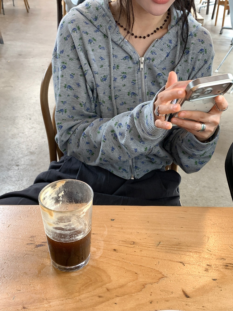 碎花華夫格背心連帽外套套裝