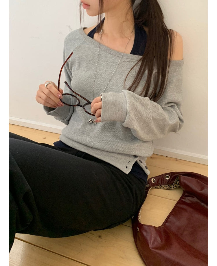 美肩撞色掛脖兩件式上衣