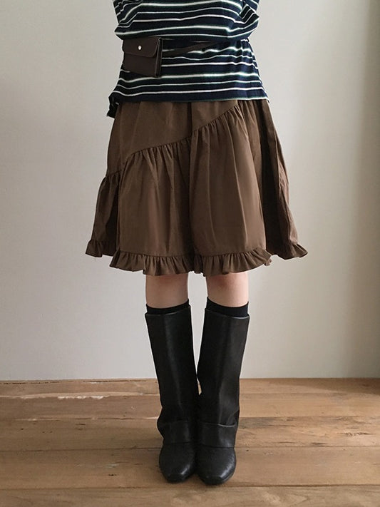 荷葉邊不對稱壓線細節中裙