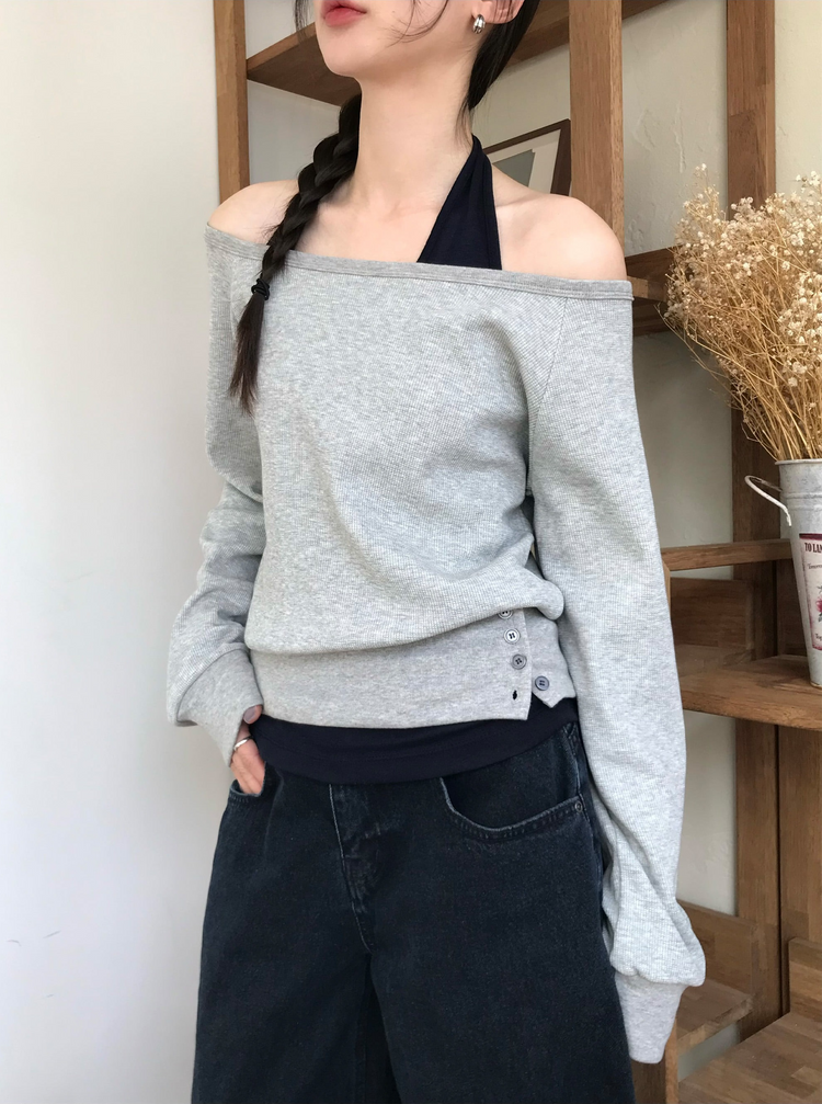 美肩撞色掛脖兩件式上衣
