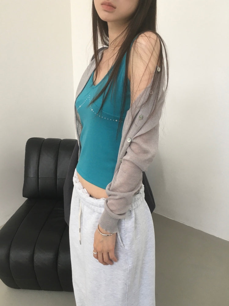 透膚圓領排鈕針織外套
