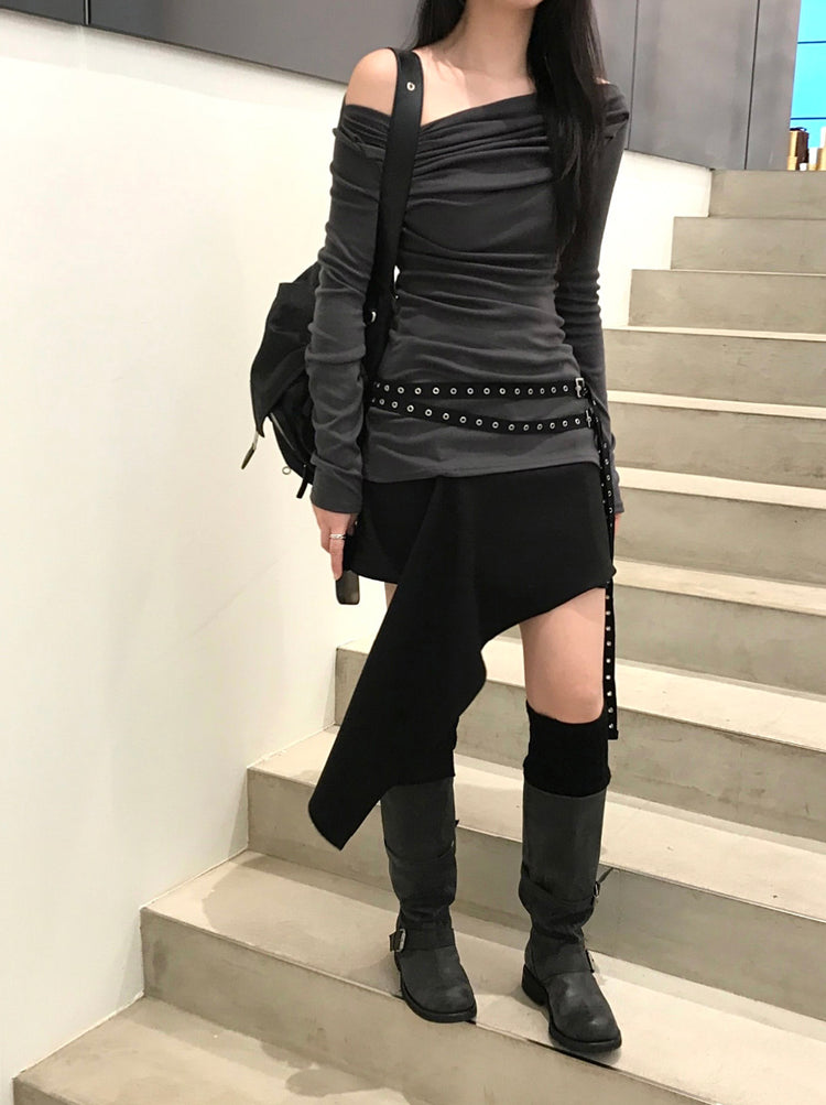 不規則下擺扣鈕短裙