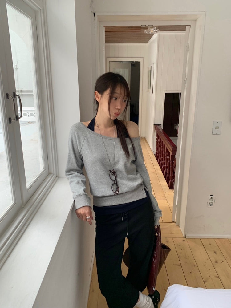 美肩撞色掛脖兩件式上衣