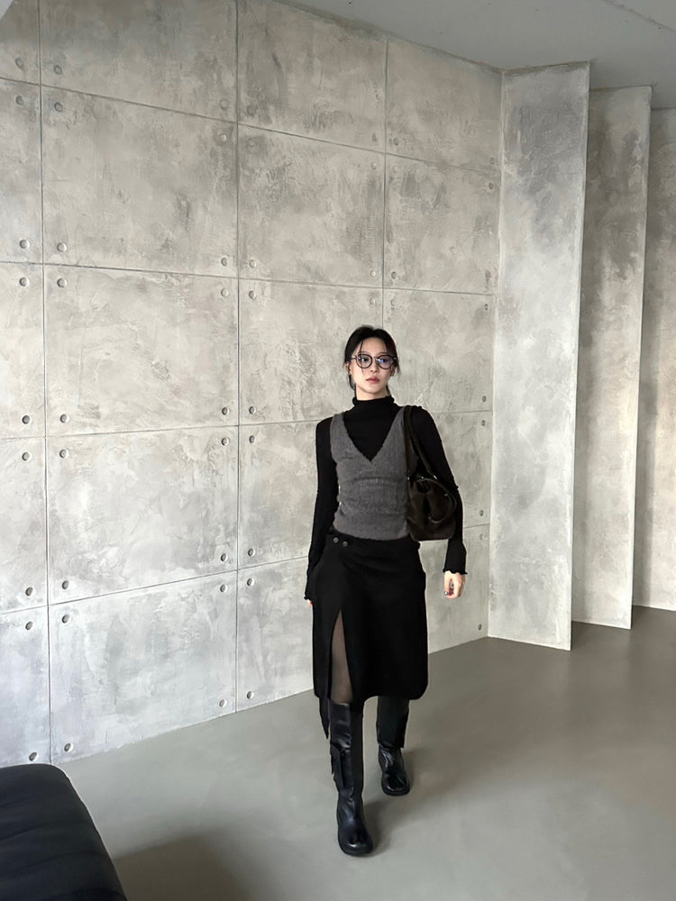 交疊側開叉不對稱細節裙