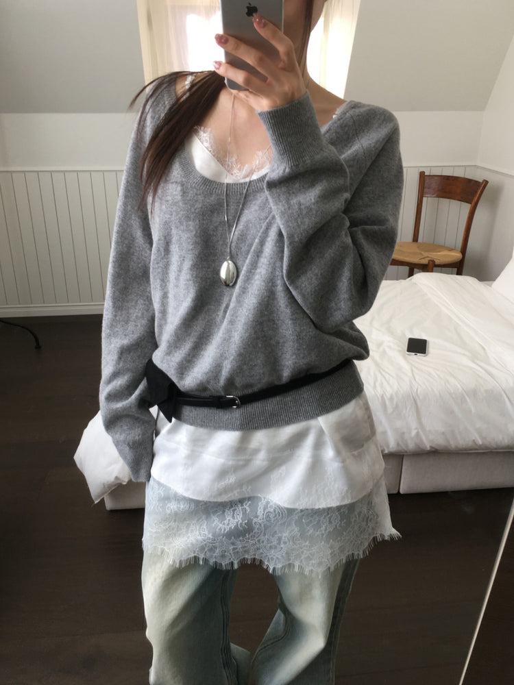 (現)美色蕾絲邊光澤感連身裙