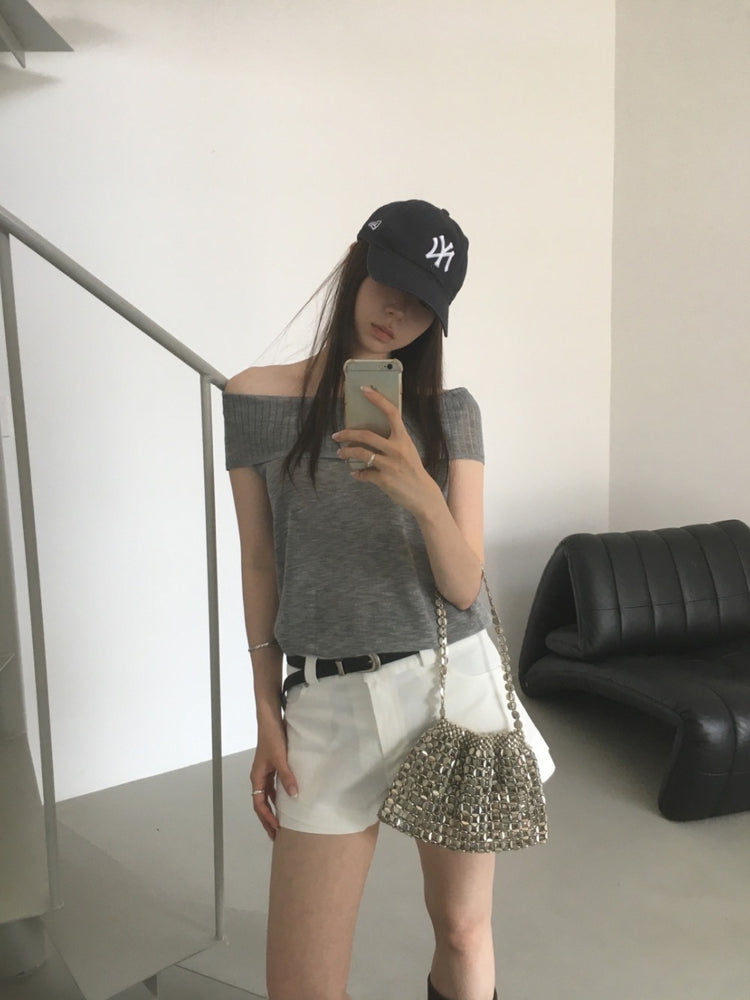 美肩坑紋反折針織上衣