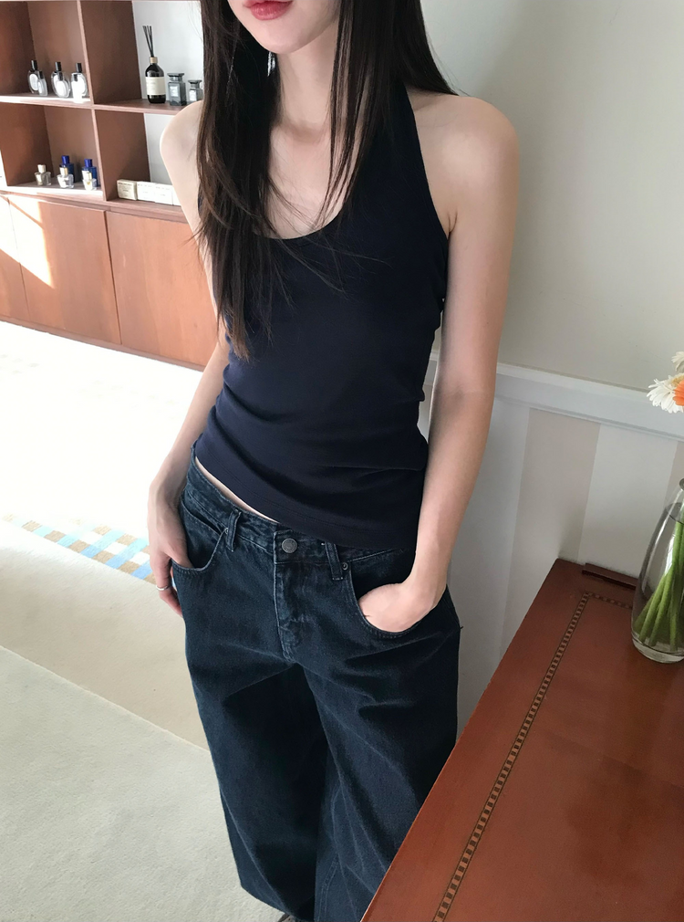 美肩撞色掛脖兩件式上衣