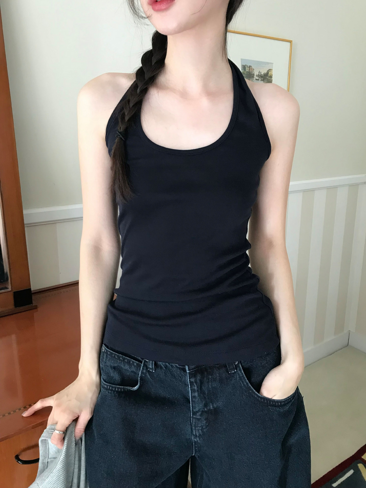 美肩撞色掛脖兩件式上衣