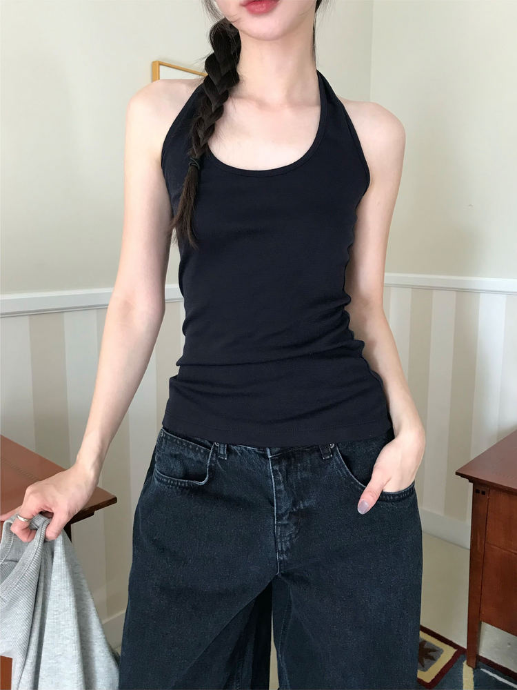 美肩撞色掛脖兩件式上衣