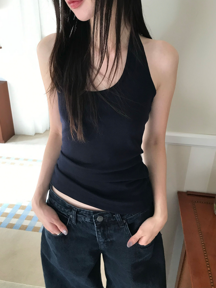 美肩撞色掛脖兩件式上衣