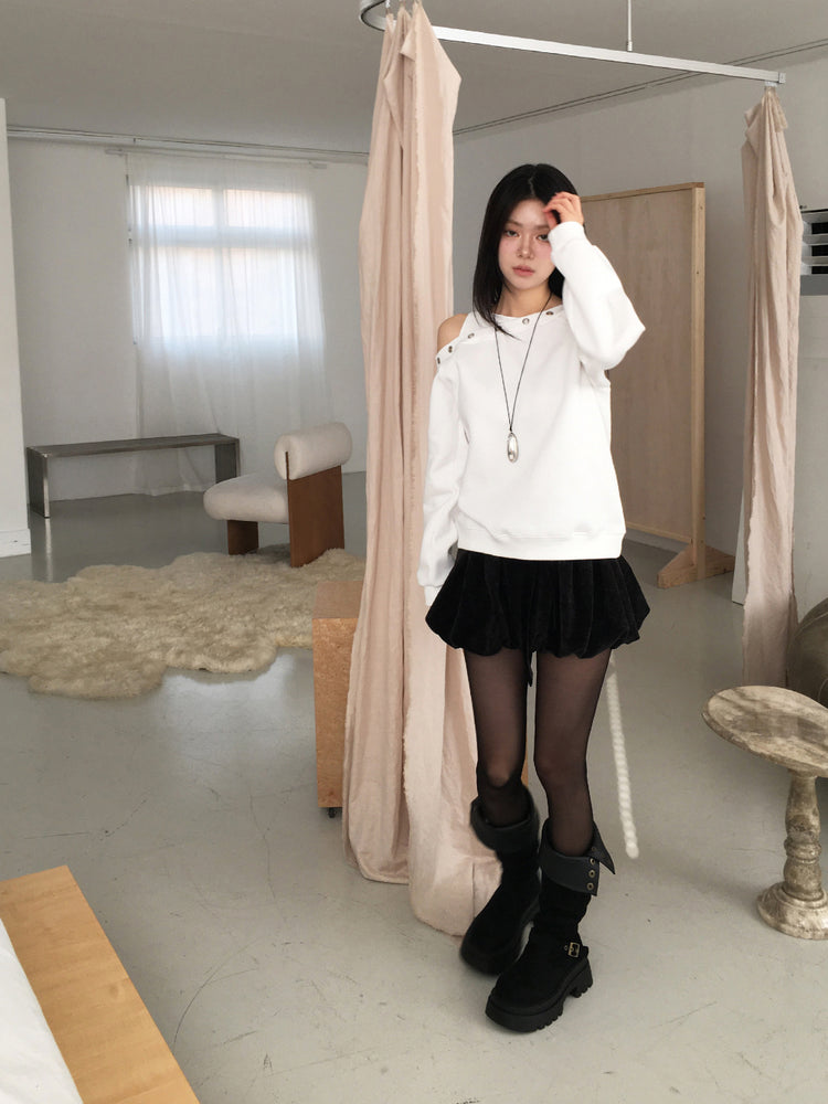 鉚釘圈細節假兩件美肩上衣