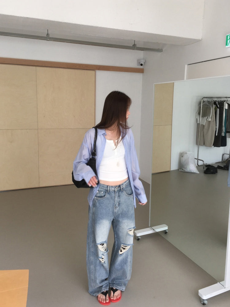 美色透膚背細節寬鬆襯衫
