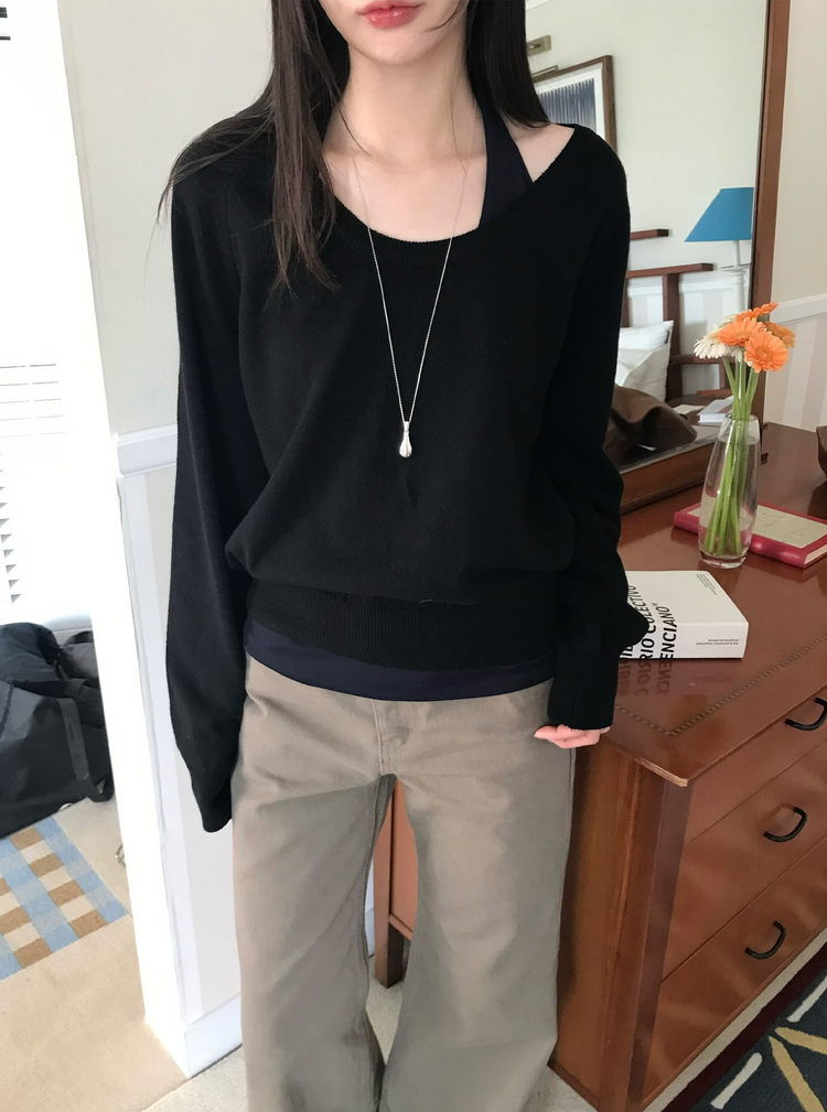 美肩撞色掛脖兩件式上衣