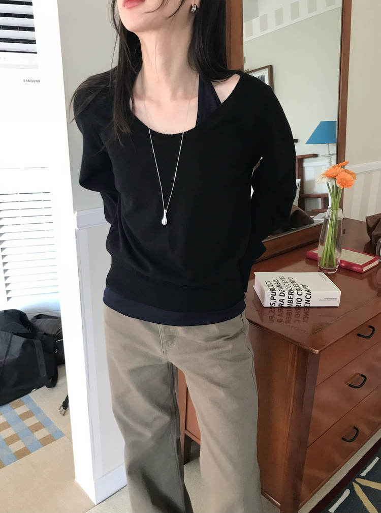 美肩撞色掛脖兩件式上衣