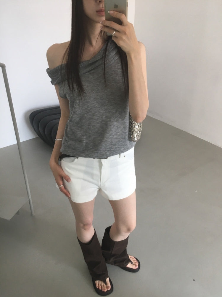 美肩坑紋反折針織上衣
