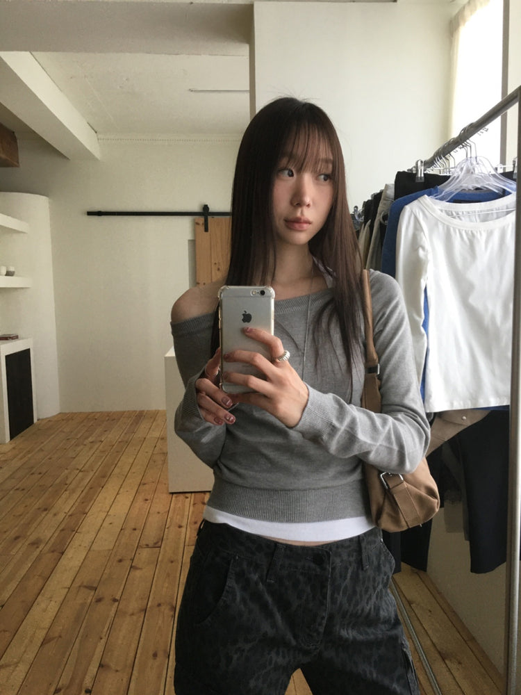 美色露肩修身針織上衣