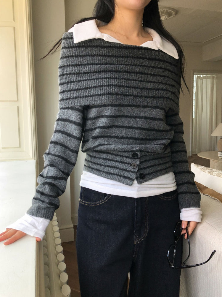 美肩下擺扣鈕細節針織上衣