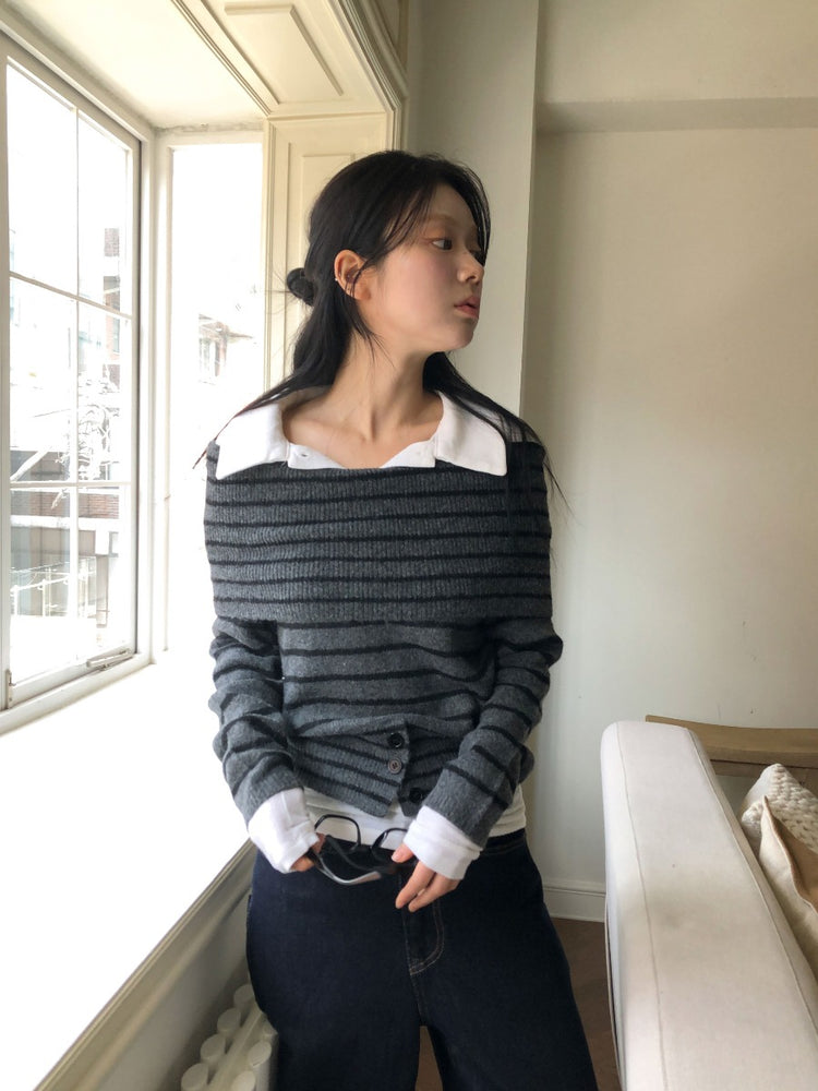 美肩下擺扣鈕細節針織上衣