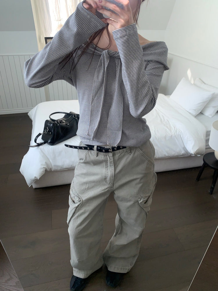 美肩垂帶領結條紋上衣