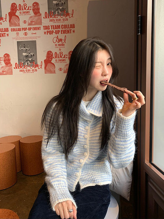 撞色可立領排鈕修腰針織外套