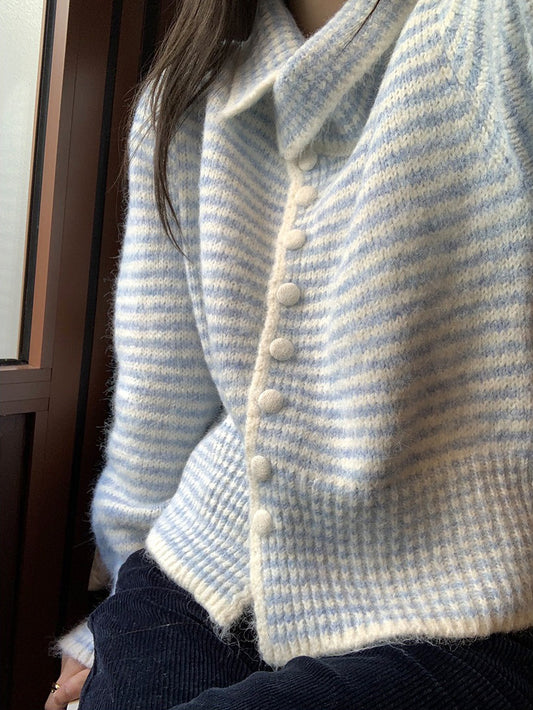 撞色可立領排鈕修腰針織外套