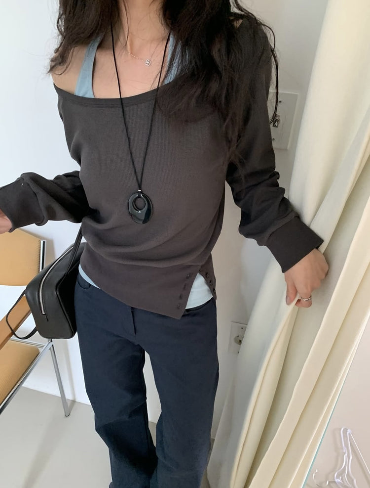 美肩撞色掛脖兩件式上衣