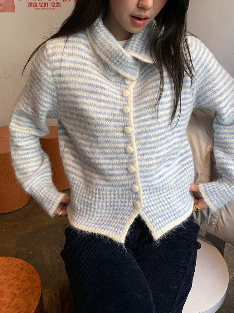 撞色可立領排鈕修腰針織外套