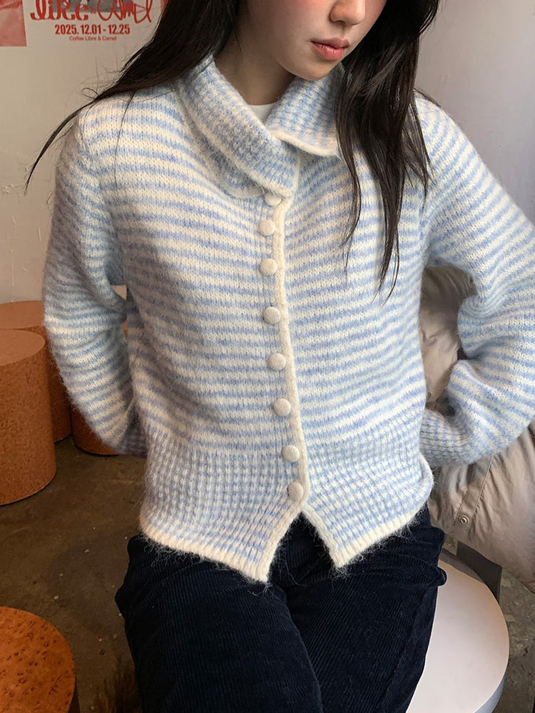 撞色可立領排鈕修腰針織外套