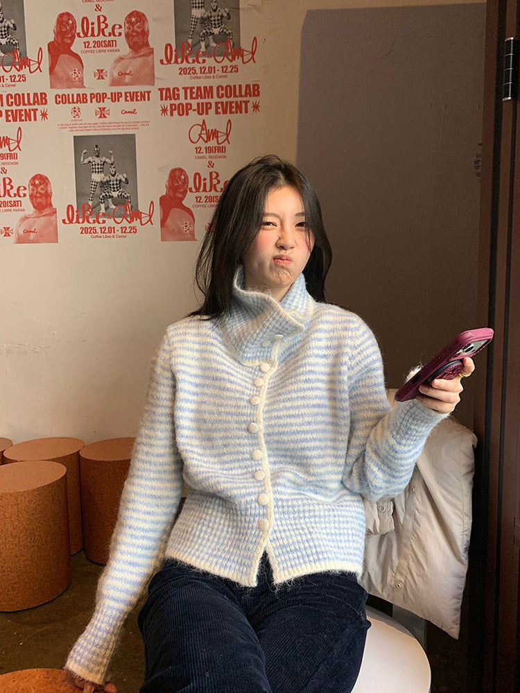 撞色可立領排鈕修腰針織外套