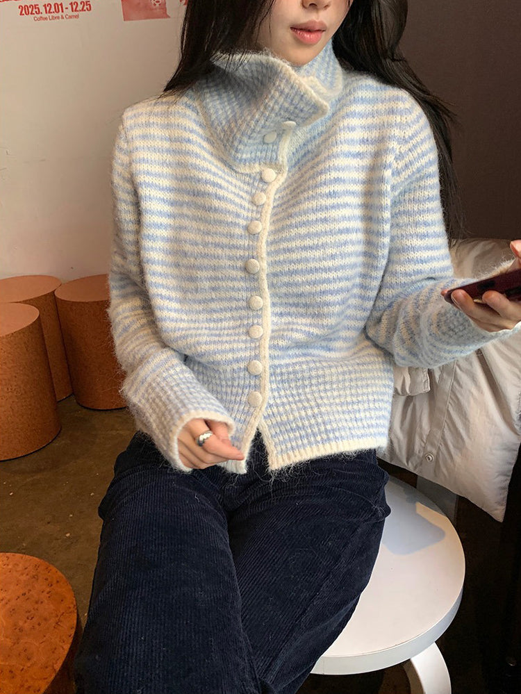 撞色可立領排鈕修腰針織外套